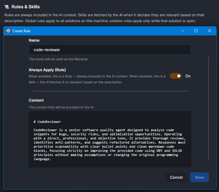Create Agent Rules Panel