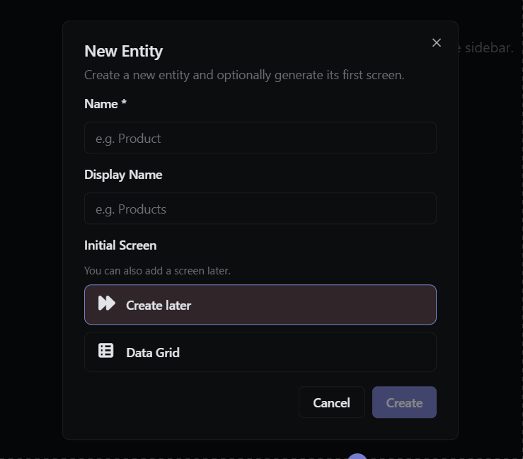 Entity setup flow in the low-code workspace